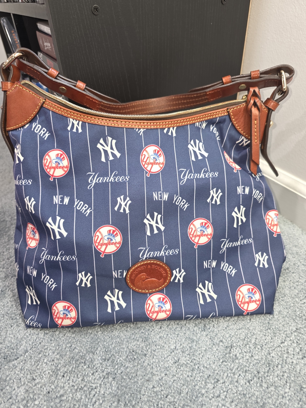Dooney & Bourke Navy Yankees Logo Shoulder Bag with Brown Trim
